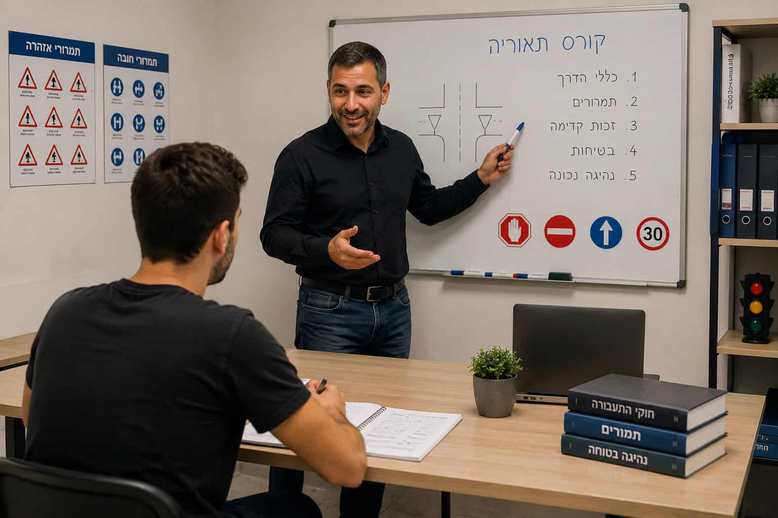 מורה לנהיגה מסביר לתלמיד על תמרורי תנועה בכיתה.