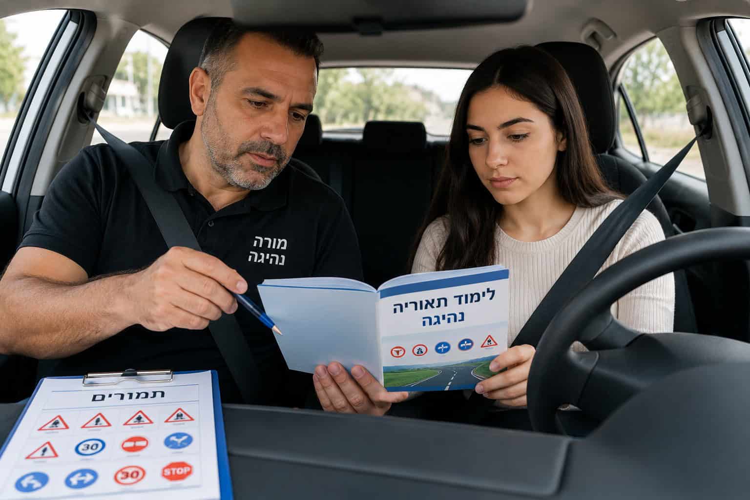 תלמיד ומורה עוברים יחד על חומר תיאוריה לפני שיעור נהיגה